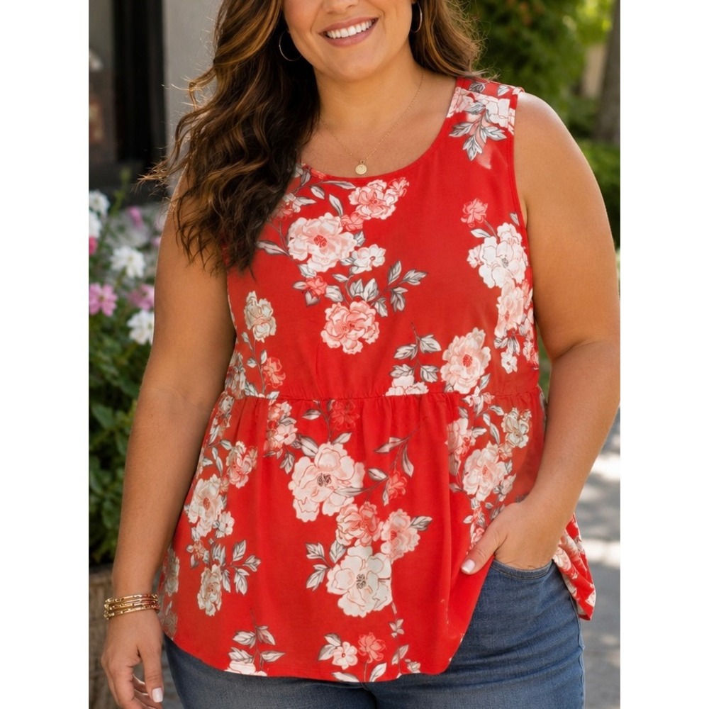 Torrid Womens Top Red Floral Plus Size 3 Sleeveless Blouse Casual Summer Boho